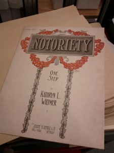 Title page of Kathryn L. Witmer's "Notoriety" one step, call number JAC01000.