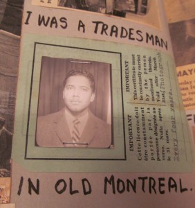 Detail from a page of Gerald Archambeau's scrapbook, featuring a photograph used to identify him as a tradesperson. Written around the pasted down image are the words "I WAS A TRADESMAN IN OLD MONTREAL."