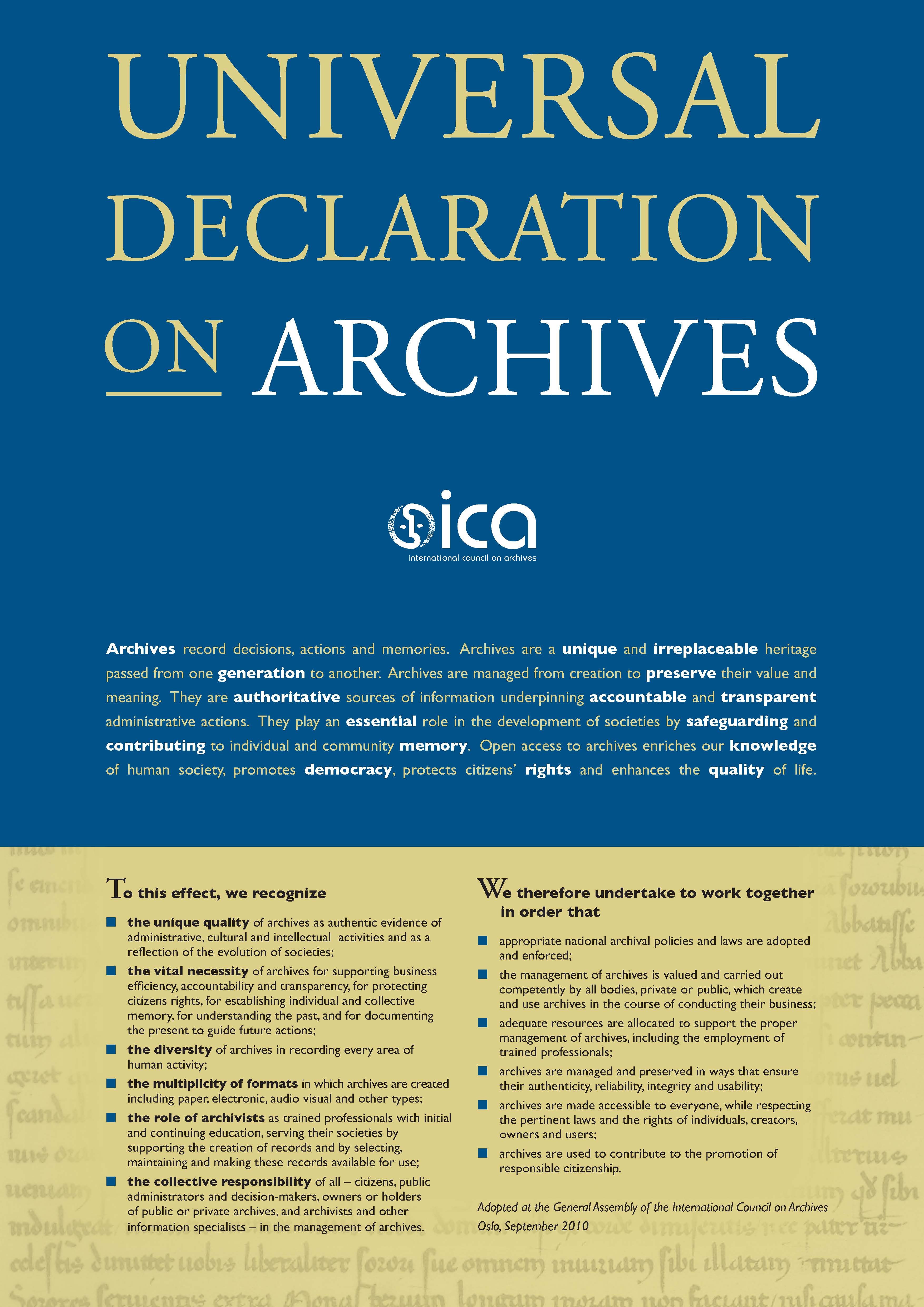 Poster featuring the Universial Declaration on Archives. Available at: http://www.ica.org/6573/reference-documents/universal-declaration-on-archives.html