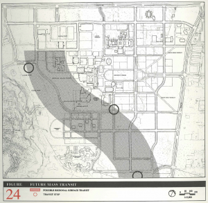 Black and white schema outlining of York University Keele campus form a birds eye view with a grey line depicting the subway underground and two circles representing stations on campus.